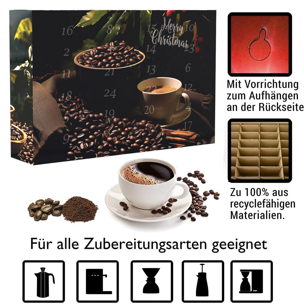 
                  
                    Kaffee-Adventskalender "Bio/Fair" 2025 mit 24 Biologischen, Raritäten- und Fair gehandelten Kaffees aus aller Welt
                  
                