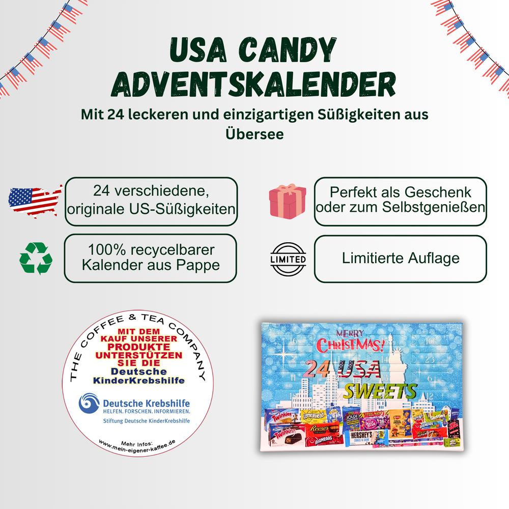 
                  
                    USA Candy Adventskalender 2025 | 24x amerikanische Candy & Sweets | Amerika Weihnachts-Kalender mit Süßigkeiten aus den Staaten
                  
                