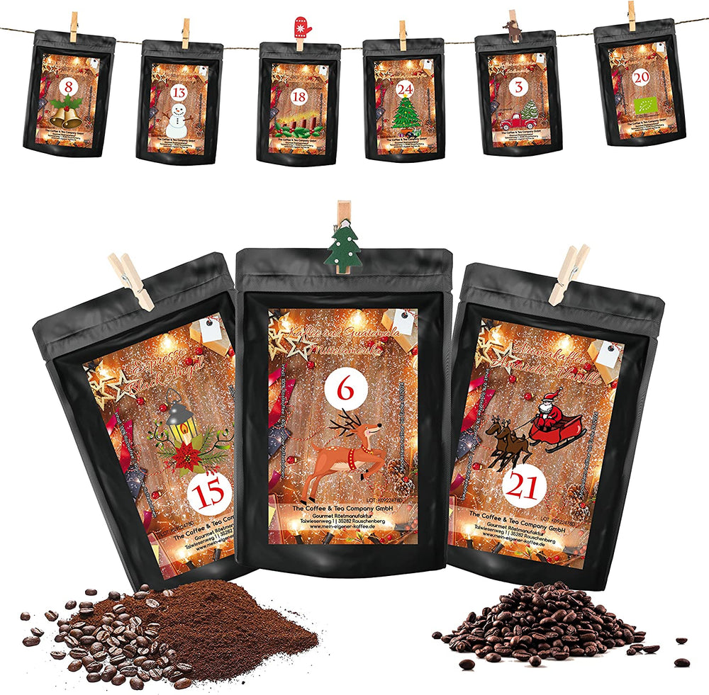 C&T Kaffee Adventskalender 2023 Ganze Bohnen zum Aufhängen | 24 Päckchen à 40g hochwertige Kaffees aus aller Welt | Exklusiver Weihnachts-Kalender mit Leine und Holzklammern