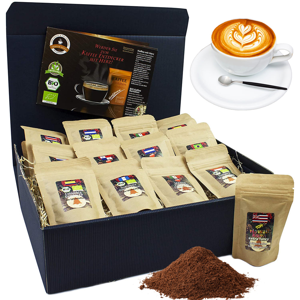 
                  
                    Kaffee-Set Bio/Fair 13 Sorten mit 13 Biologischen, Raritäten- und Fair gehandelten Kaffees plus Überraschung
                  
                