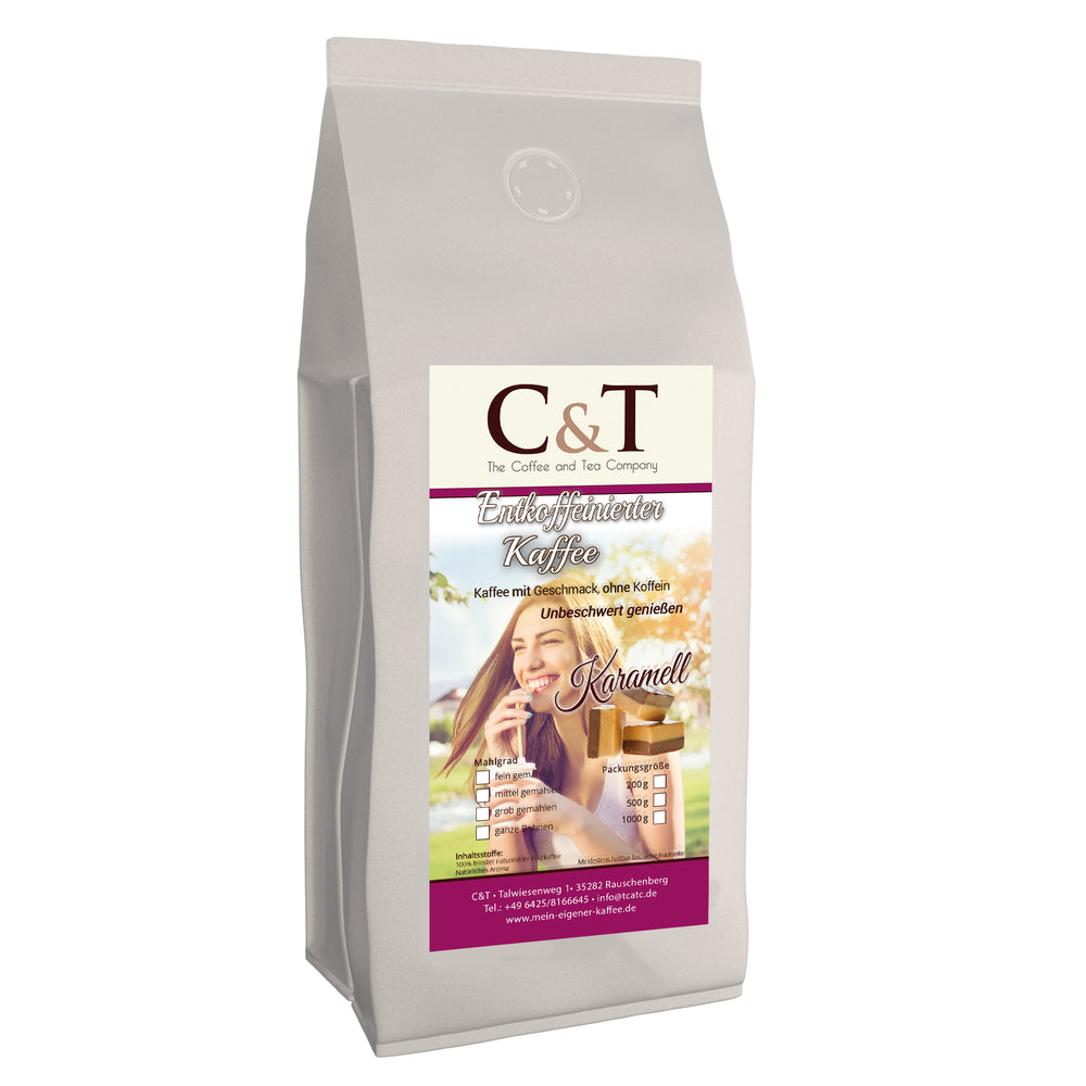 Kaffee mit Geschmack, ohne Koffein! Entkoffeinierter Kaffee mit natürlichen Aromen: Karamell