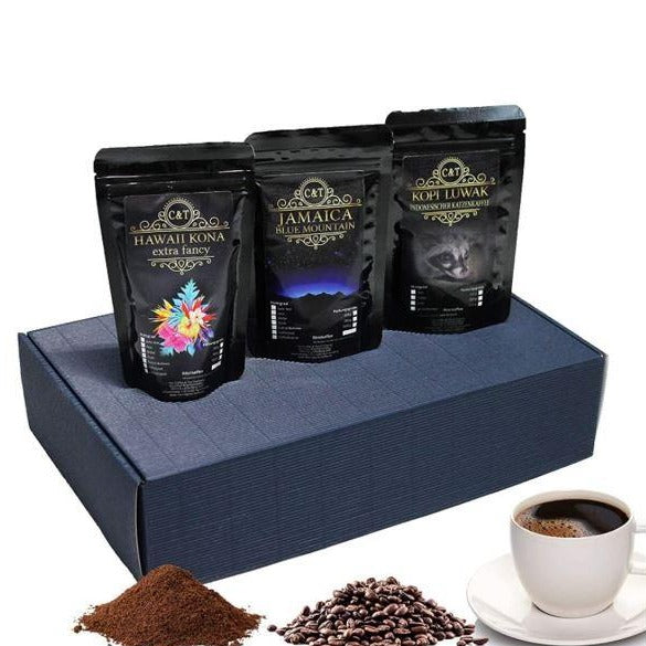 Edles und hochwertiges Geschenk Set Kaffee - Katzenkaffe Kopi Luwak, Jamaika, Hawai Kona